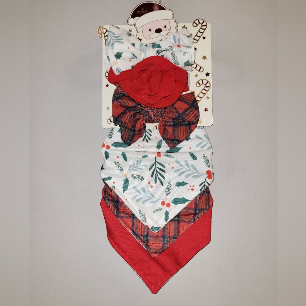 🆕️ Holly Print Bibs Bows Rosette Set Baby Girl's First Christmas Holiday 6 Pc🎄
